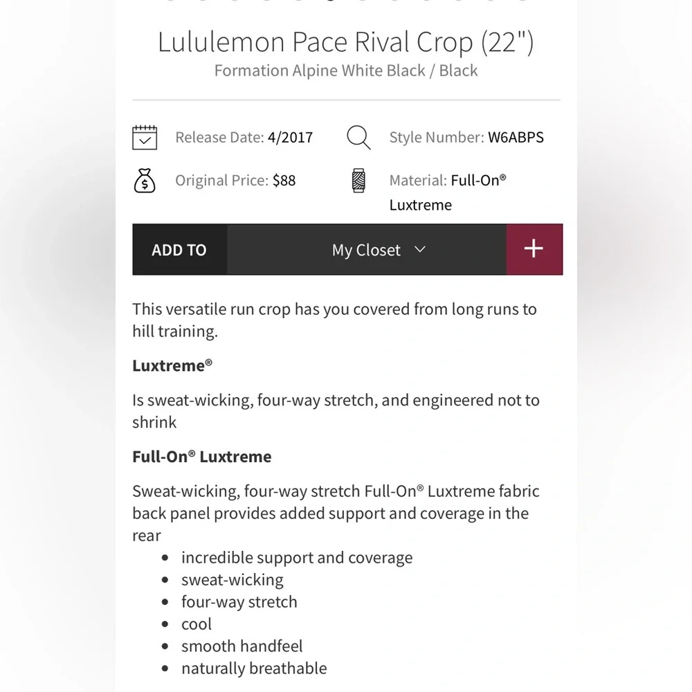 lululemon | size‎ 4 Pace Rival Crop (22